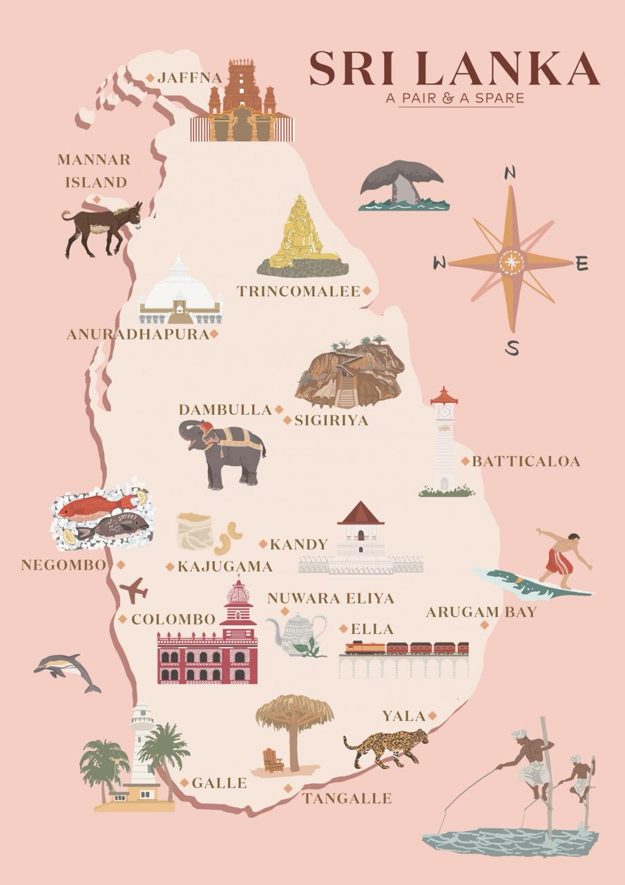 Illustrated map of Sri Lanka with notable places to see